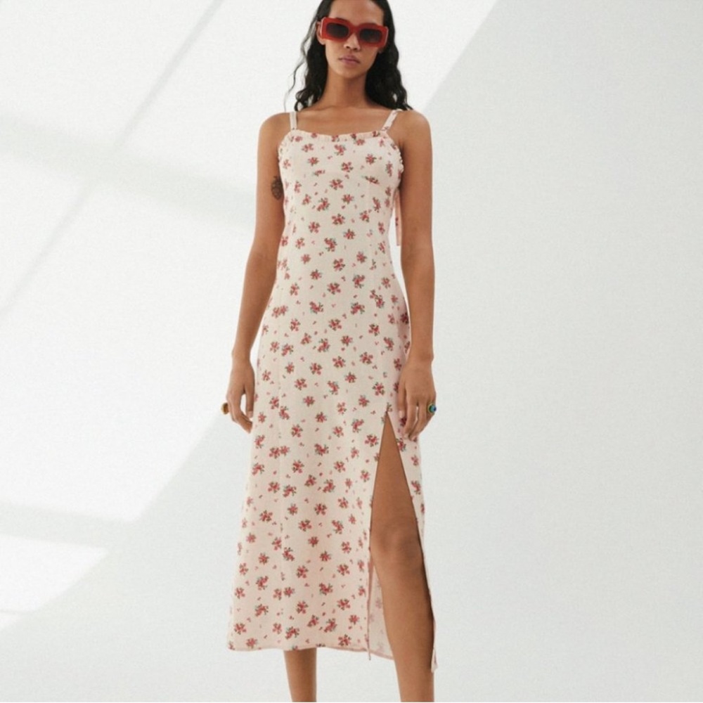 Floral Slip Midi Dress in Cream with Red Bouquet Print